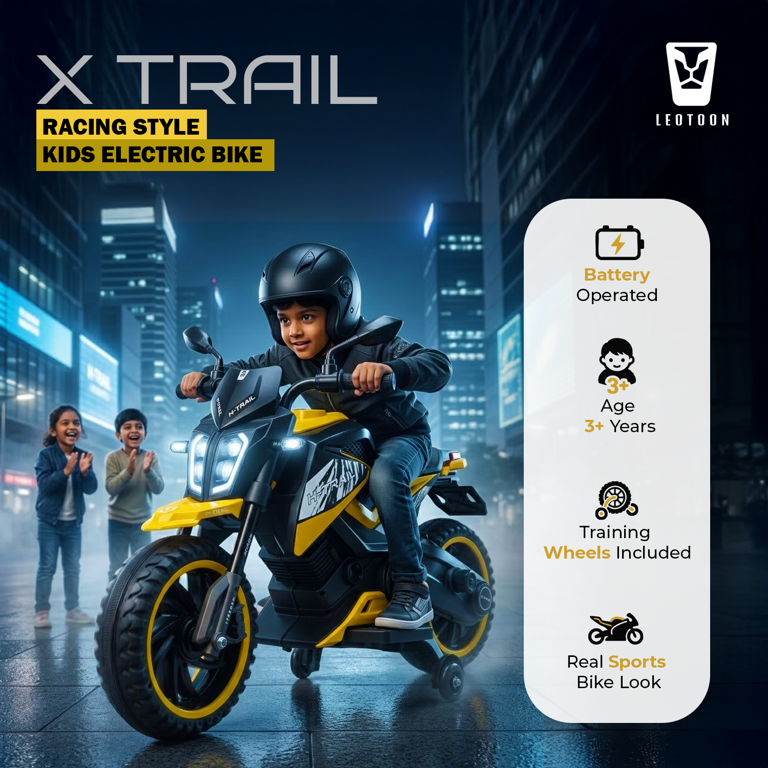 Leotoon X Trail 2W Bike, Hand Accelerator, 12V/5AH Battery, 12V/11000 RPM Motor, USB/MP3 Interface, English Rhymes,  Big Wheels, English Music, BIS Certified, Yellow, 3 to 8 Years